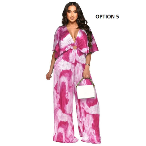 Summer Elegant V-neck One Piece Print Overall Pleated Bodycon Jumpsuits CODE: KAR3106