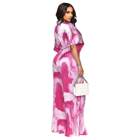 Summer Elegant V-neck One Piece Print Overall Pleated Bodycon Jumpsuits CODE: KAR3106