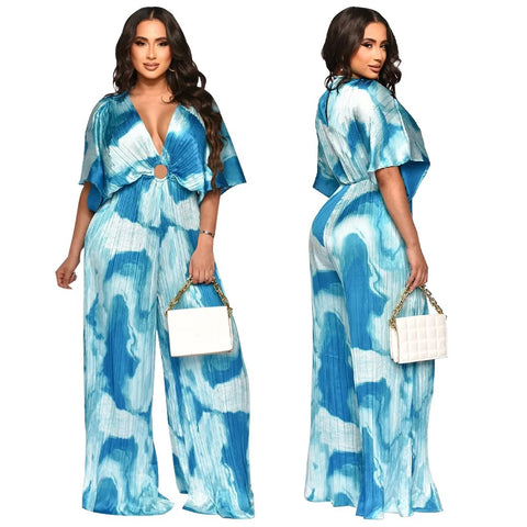 Summer Elegant V-neck One Piece Print Overall Pleated Bodycon Jumpsuits CODE: KAR3106