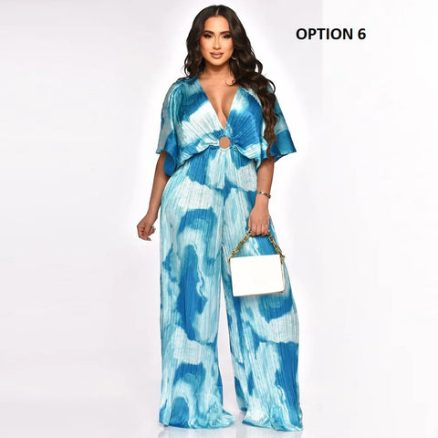 Summer Elegant V-neck One Piece Print Overall Pleated Bodycon Jumpsuits CODE: KAR3106