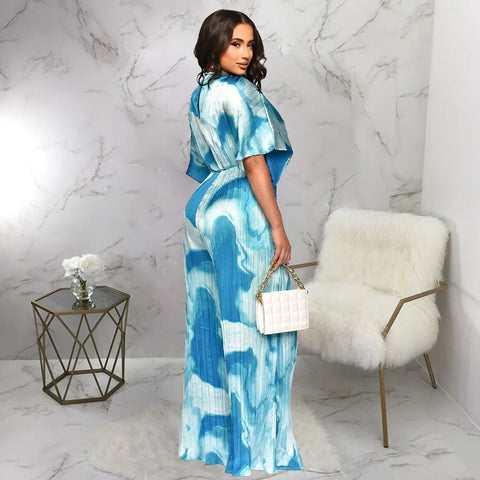 Summer Elegant V-neck One Piece Print Overall Pleated Bodycon Jumpsuits CODE: KAR3106