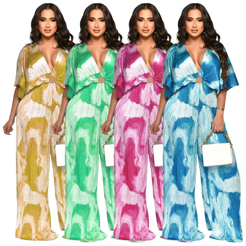 Summer Elegant V-neck One Piece Print Overall Pleated Bodycon Jumpsuits CODE: KAR3106
