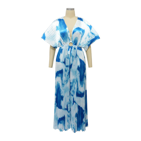 Summer Elegant V-neck One Piece Print Overall Pleated Bodycon Jumpsuits CODE: KAR3106