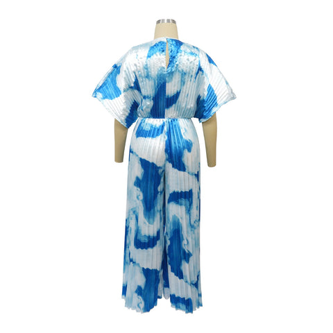Summer Elegant V-neck One Piece Print Overall Pleated Bodycon Jumpsuits CODE: KAR3106