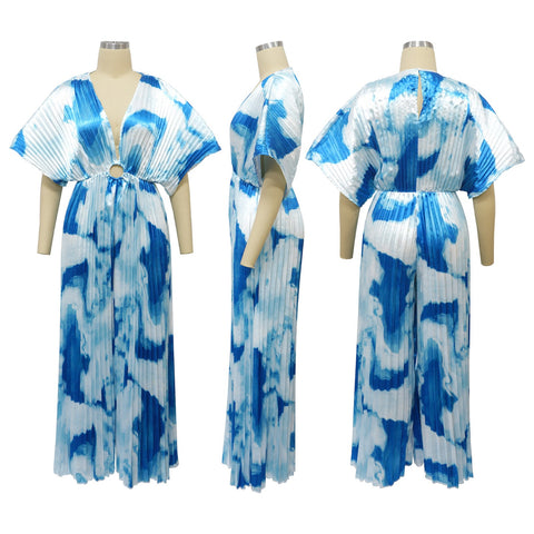 Summer Elegant V-neck One Piece Print Overall Pleated Bodycon Jumpsuits CODE: KAR3106
