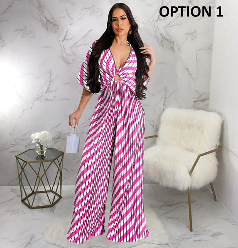 Summer Elegant V-neck One Piece Print Overall Pleated Bodycon Jumpsuits CODE: KAR3106