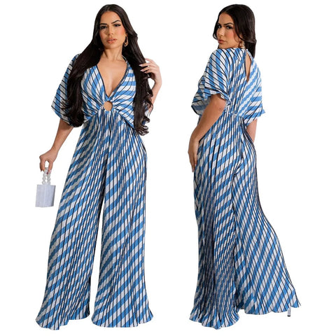 Summer Elegant V-neck One Piece Print Overall Pleated Bodycon Jumpsuits CODE: KAR3106
