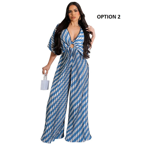 Summer Elegant V-neck One Piece Print Overall Pleated Bodycon Jumpsuits CODE: KAR3106