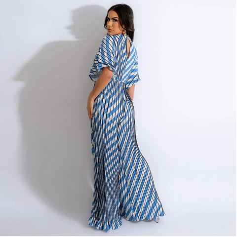 Summer Elegant V-neck One Piece Print Overall Pleated Bodycon Jumpsuits CODE: KAR3106