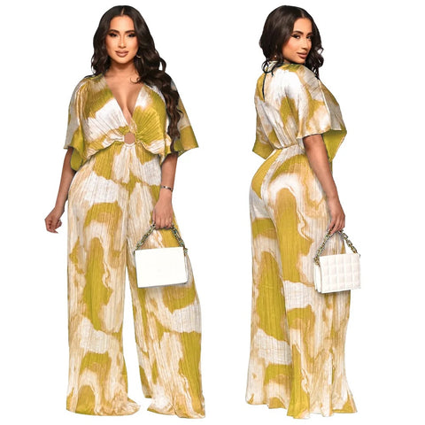 Summer Elegant V-neck One Piece Print Overall Pleated Bodycon Jumpsuits CODE: KAR3106