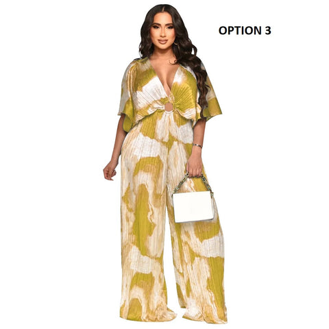 Summer Elegant V-neck One Piece Print Overall Pleated Bodycon Jumpsuits CODE: KAR3106