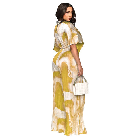 Summer Elegant V-neck One Piece Print Overall Pleated Bodycon Jumpsuits CODE: KAR3106