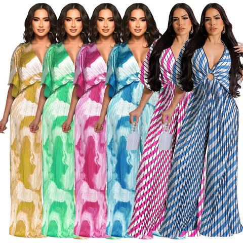 Summer Elegant V-neck One Piece Print Overall Pleated Bodycon Jumpsuits CODE: KAR3106