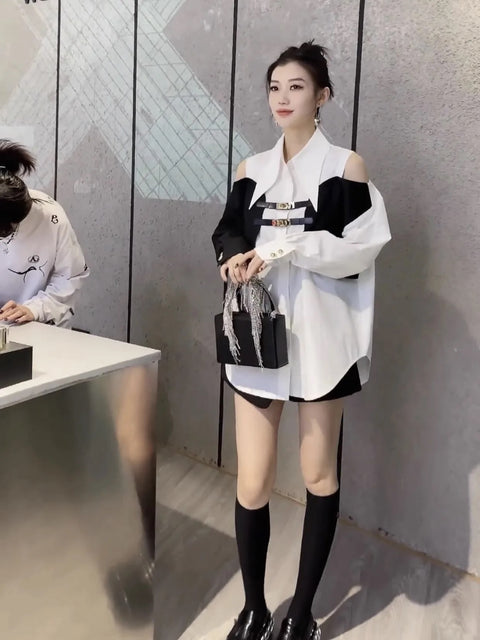 Summer Fashion High-End Black and White Color Matching Shirt CODE: KAR3108