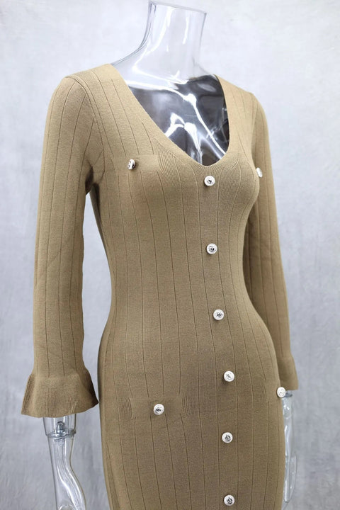 New Sexy V-neck Bodycon Party Elegant Buttoned Knitted Maxi Dresses CODE: KAR3110