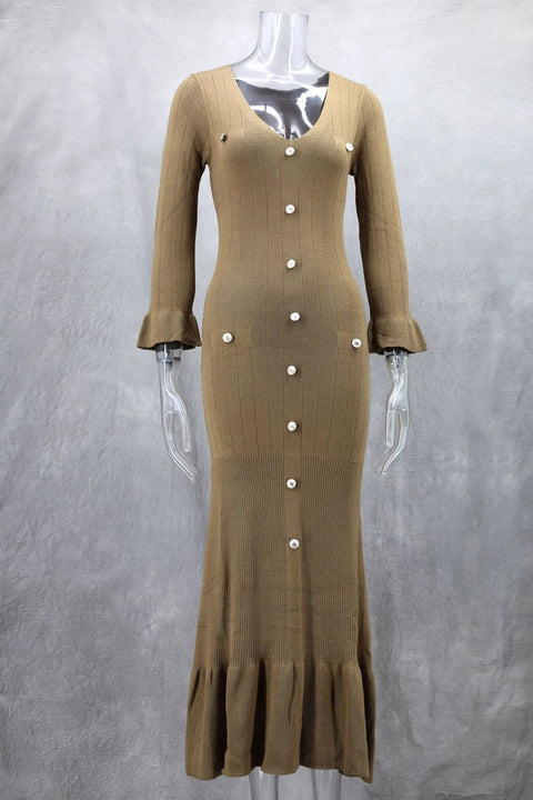 New Sexy V-neck Bodycon Party Elegant Buttoned Knitted Maxi Dresses CODE: KAR3110