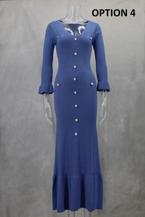 New Sexy V-neck Bodycon Party Elegant Buttoned Knitted Maxi Dresses CODE: KAR3110