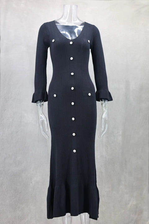 New Sexy V-neck Bodycon Party Elegant Buttoned Knitted Maxi Dresses CODE: KAR3110