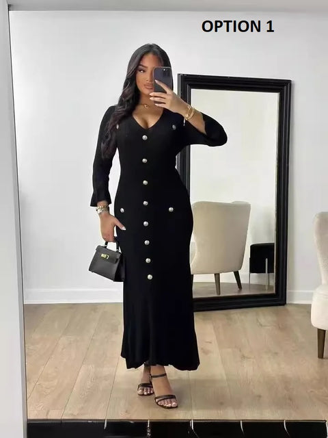 New Sexy V-neck Bodycon Party Elegant Buttoned Knitted Maxi Dresses CODE: KAR3110