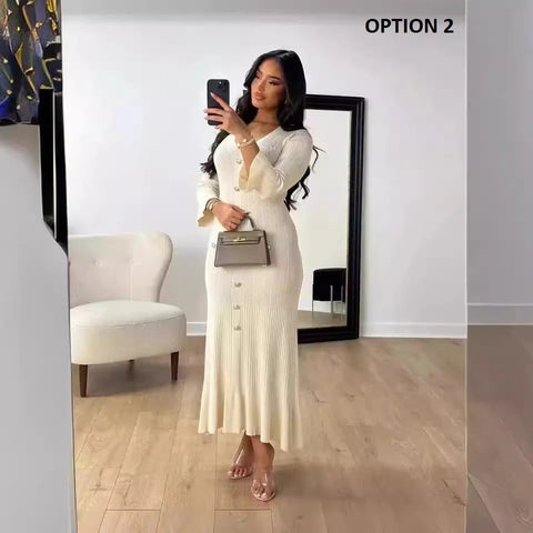 New Sexy V-neck Bodycon Party Elegant Buttoned Knitted Maxi Dresses CODE: KAR3110