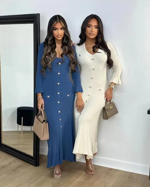 New Sexy V-neck Bodycon Party Elegant Buttoned Knitted Maxi Dresses CODE: KAR3110