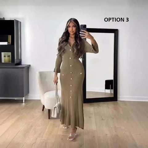 New Sexy V-neck Bodycon Party Elegant Buttoned Knitted Maxi Dresses CODE: KAR3110