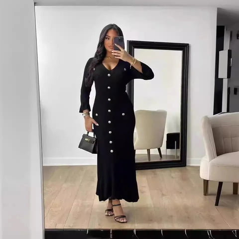 New Sexy V-neck Bodycon Party Elegant Buttoned Knitted Maxi Dresses CODE: KAR3110