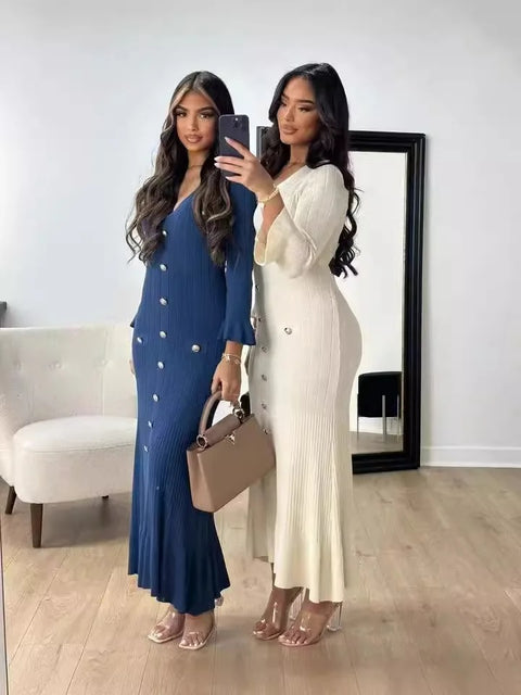 New Sexy V-neck Bodycon Party Elegant Buttoned Knitted Maxi Dresses CODE: KAR3110