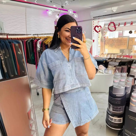 Summer Loose Short Sleeve with Pocket Shirt and Irregular Skirt Irregular 2 Piece Set CODE: KAR3111