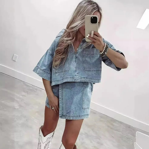 Summer Loose Short Sleeve with Pocket Shirt and Irregular Skirt Irregular 2 Piece Set CODE: KAR3111