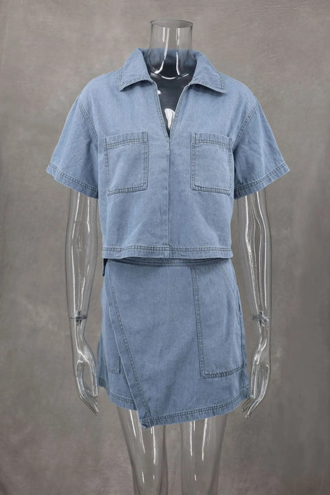 Summer Loose Short Sleeve with Pocket Shirt and Irregular Skirt Irregular 2 Piece Set CODE: KAR3111