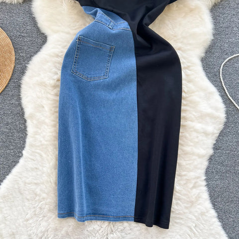 Summer Vestidos Contrasting Patchwork Slim Fit High Waist Denim Dress CODE: KAR3113