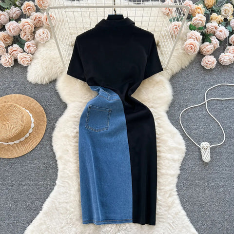 Summer Vestidos Contrasting Patchwork Slim Fit High Waist Denim Dress CODE: KAR3113