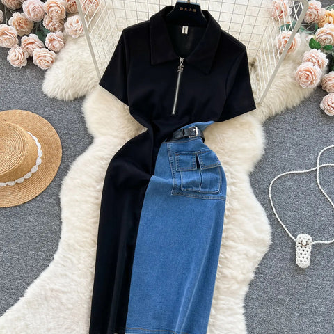 Summer Vestidos Contrasting Patchwork Slim Fit High Waist Denim Dress CODE: KAR3113