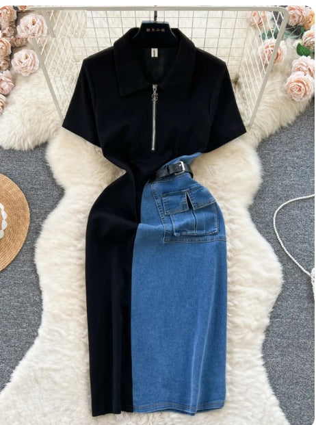 Summer Vestidos Contrasting Patchwork Slim Fit High Waist Denim Dress CODE: KAR3113