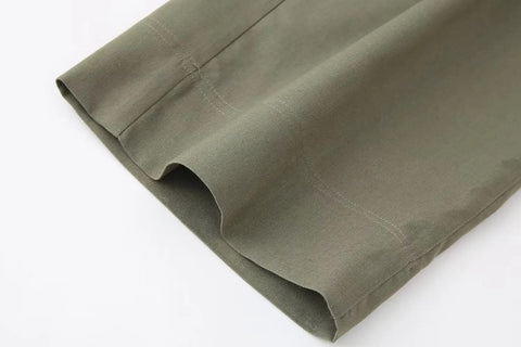 New Pocket Short Sleeve Army Green Casual Lapel Top + Elastic Waist Wide Leg Pant Set CODE: KAR3114