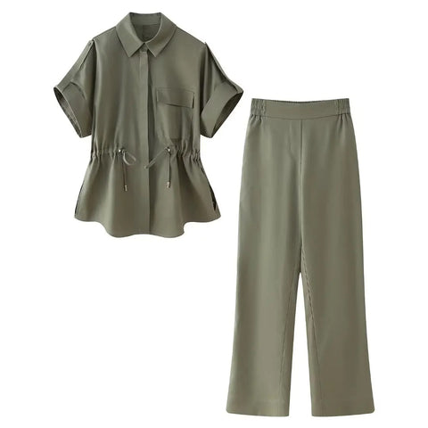 New Pocket Short Sleeve Army Green Casual Lapel Top + Elastic Waist Wide Leg Pant Set CODE: KAR3114