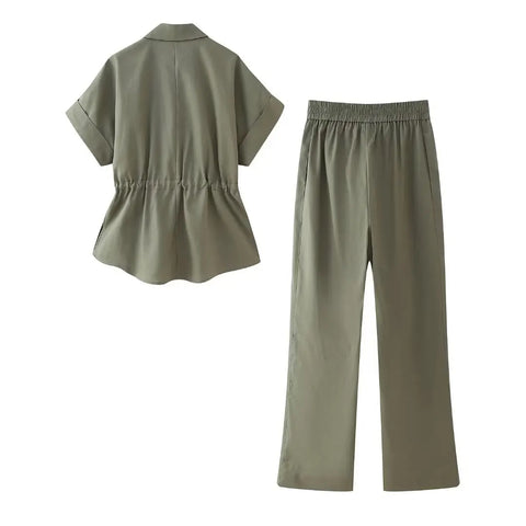 New Pocket Short Sleeve Army Green Casual Lapel Top + Elastic Waist Wide Leg Pant Set CODE: KAR3114