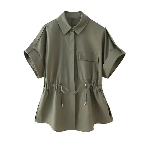 New Pocket Short Sleeve Army Green Casual Lapel Top + Elastic Waist Wide Leg Pant Set CODE: KAR3114