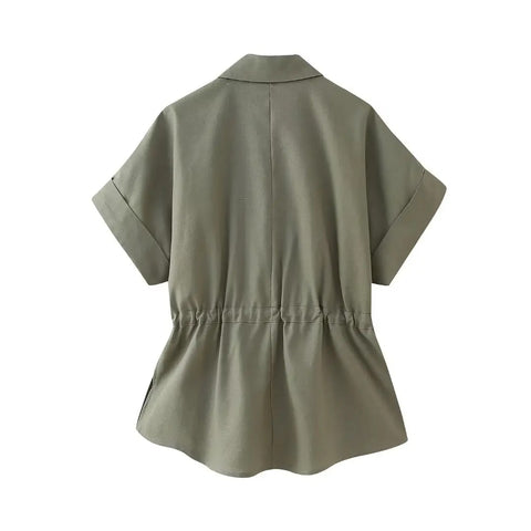 New Pocket Short Sleeve Army Green Casual Lapel Top + Elastic Waist Wide Leg Pant Set CODE: KAR3114