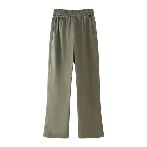 New Pocket Short Sleeve Army Green Casual Lapel Top + Elastic Waist Wide Leg Pant Set CODE: KAR3114