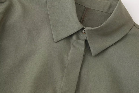 New Pocket Short Sleeve Army Green Casual Lapel Top + Elastic Waist Wide Leg Pant Set CODE: KAR3114