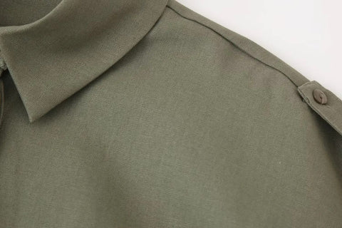 New Pocket Short Sleeve Army Green Casual Lapel Top + Elastic Waist Wide Leg Pant Set CODE: KAR3114