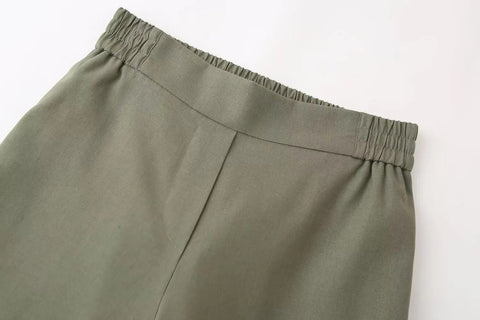 New Pocket Short Sleeve Army Green Casual Lapel Top + Elastic Waist Wide Leg Pant Set CODE: KAR3114