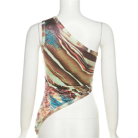Summer One Shoulder Crop Print Tank Top CODE: KAR3115