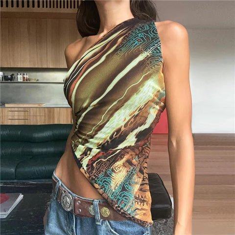 Summer One Shoulder Crop Print Tank Top CODE: KAR3115