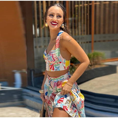 Sexy Printed Halter Sleeveless Backless Crop Top Single Breasted Split Skirt Set CODE: KAR3117