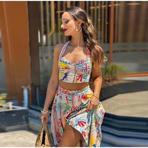 Sexy Printed Halter Sleeveless Backless Crop Top Single Breasted Split Skirt Set CODE: KAR3117