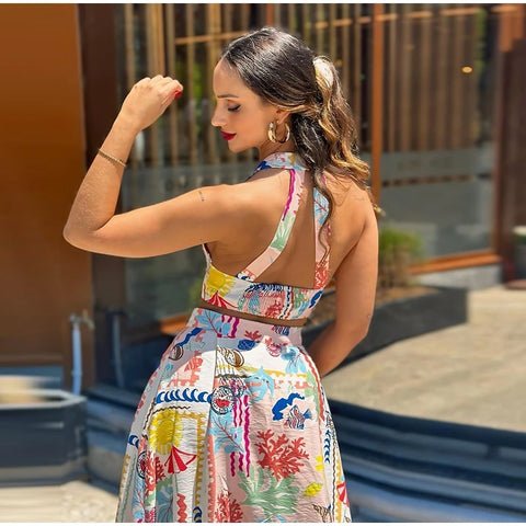 Sexy Printed Halter Sleeveless Backless Crop Top Single Breasted Split Skirt Set CODE: KAR3117