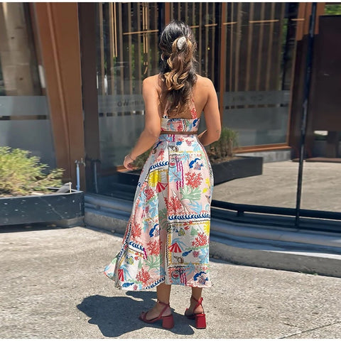 Sexy Printed Halter Sleeveless Backless Crop Top Single Breasted Split Skirt Set CODE: KAR3117